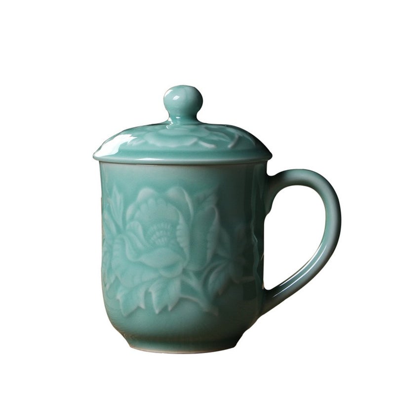Handmade Celadon Teacups 13oz Coffee Mugs with Lid Porcelain Cups Embossed with Peony Chinese Celadon(01-Sky Blue) - Image 1